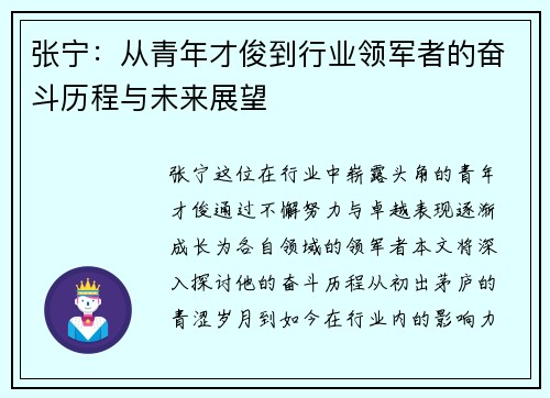 张宁：从青年才俊到行业领军者的奋斗历程与未来展望